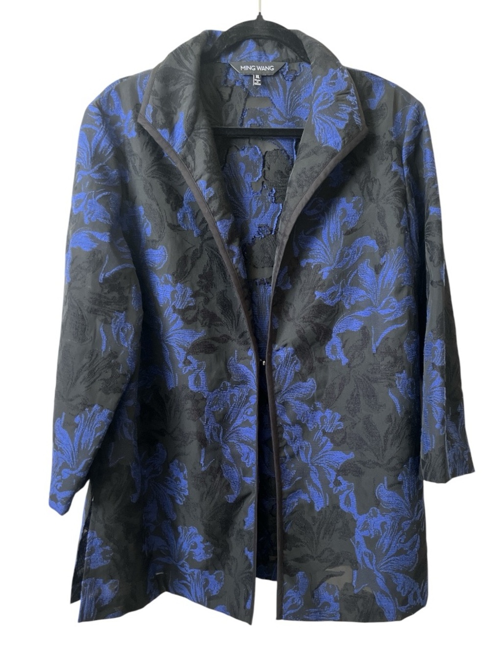 Ming Wang Heritage Fit Floral Jacquard Jacket XL Blue Black Open Front Blazer